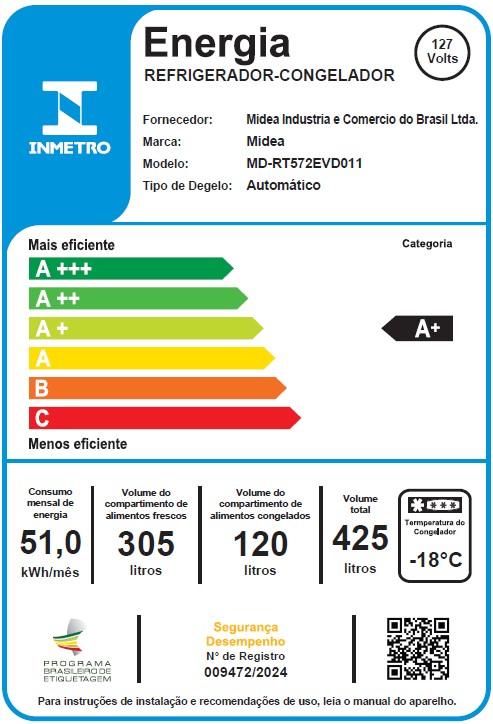 Imagem 3 do produto Geladeira Midea 425 Litros 2 Portas Frost Free MDRT572 Branco 110V