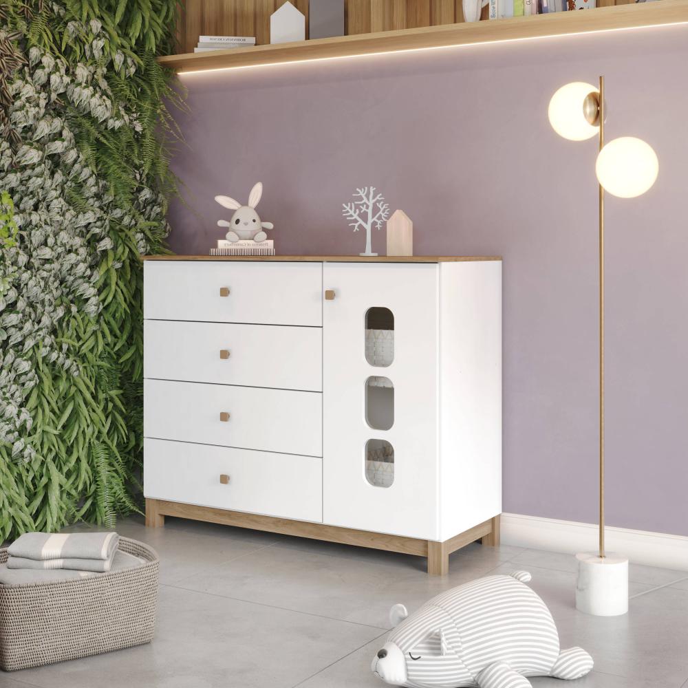 Imagem 4 do produto Cômoda Henn Aconchego 4 Gavetas 1 Porta Branco/Jequitibá