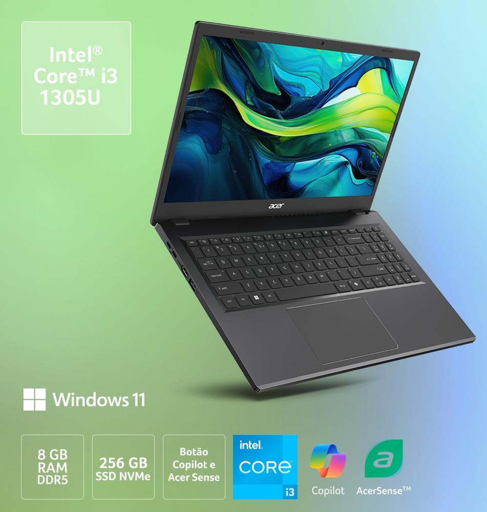 Última imagem em  miniatura do produto Notebook Acer 15.3″ Intel Core i3 13ª Geração 8GB 256GB SSD Cinza