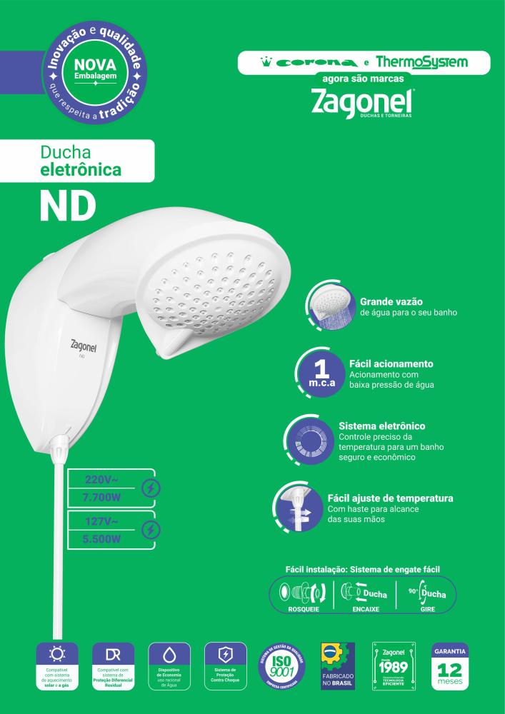 Imagem 3 do produto Chuveiro Elétrico Zagonel Ducha ND Eletrônica 7700W 220V Branco