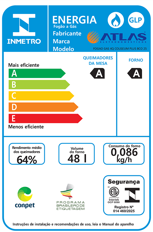 Última imagem em  miniatura do produto Fogão a Gás 4 Bocas Atlas Coliseum Plus Mesa inox Branco
