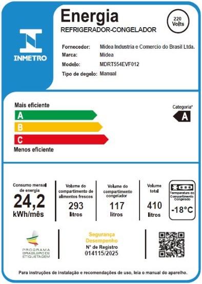 Imagem 4 do produto Geladeira Midea 410 Litros 2 Portas Inverter Defrost RT554 Branco 220V