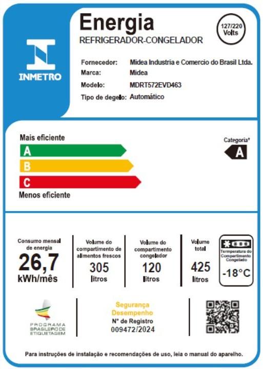 Imagem 4 do produto Geladeira Midea 425 Litros 2 Portas Frost Free MDRT572 Inox Bivolt