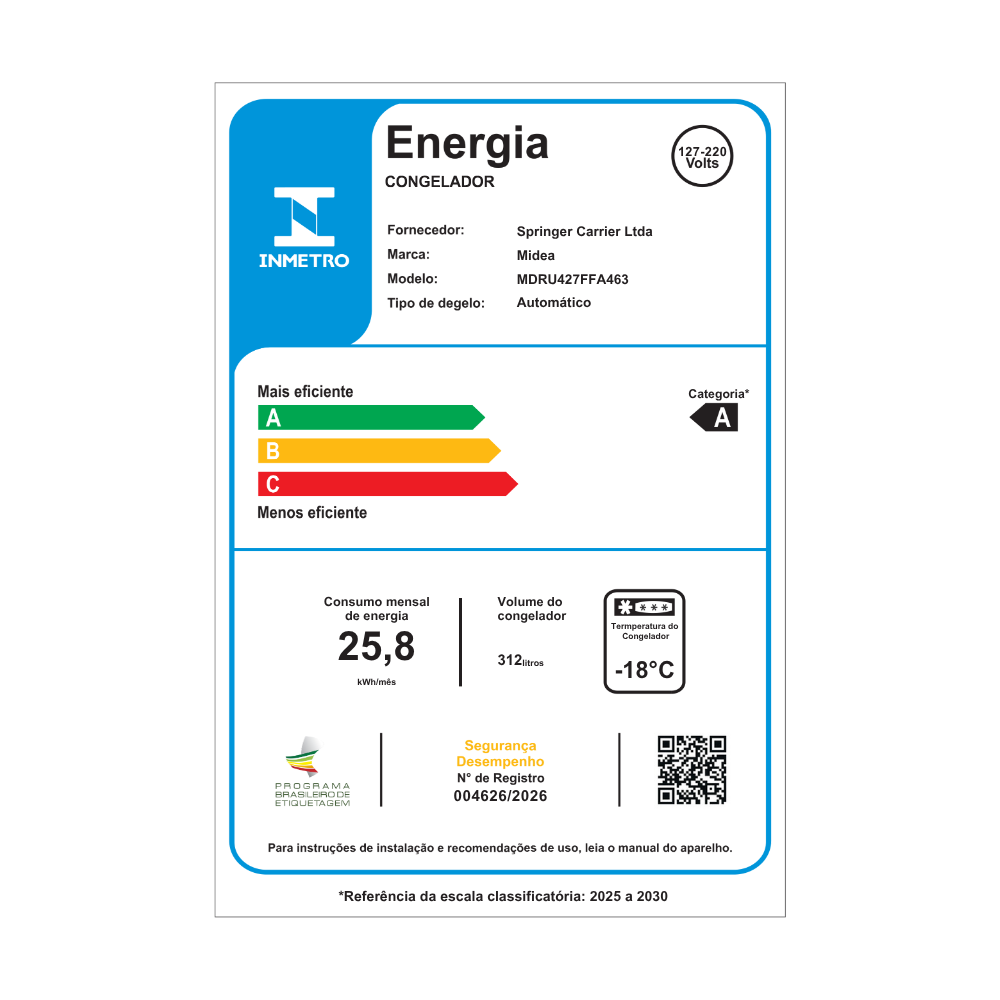 Última imagem em  miniatura do produto Freezer Vertical 1 Porta Midea MDRU427FFA463 312 Litros Inverter Inox Bivolt